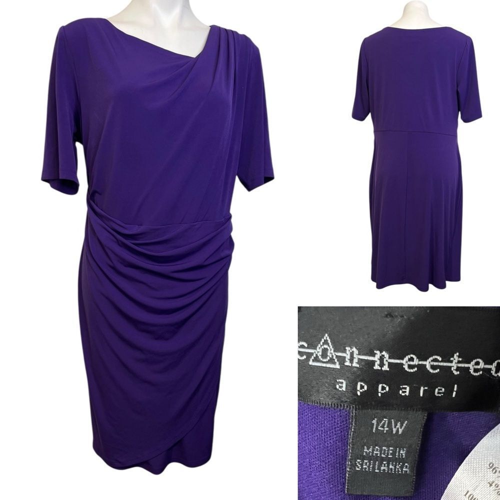 Connected Apparel dress 14 purple short sleeve faux wrap ruched office‎ church